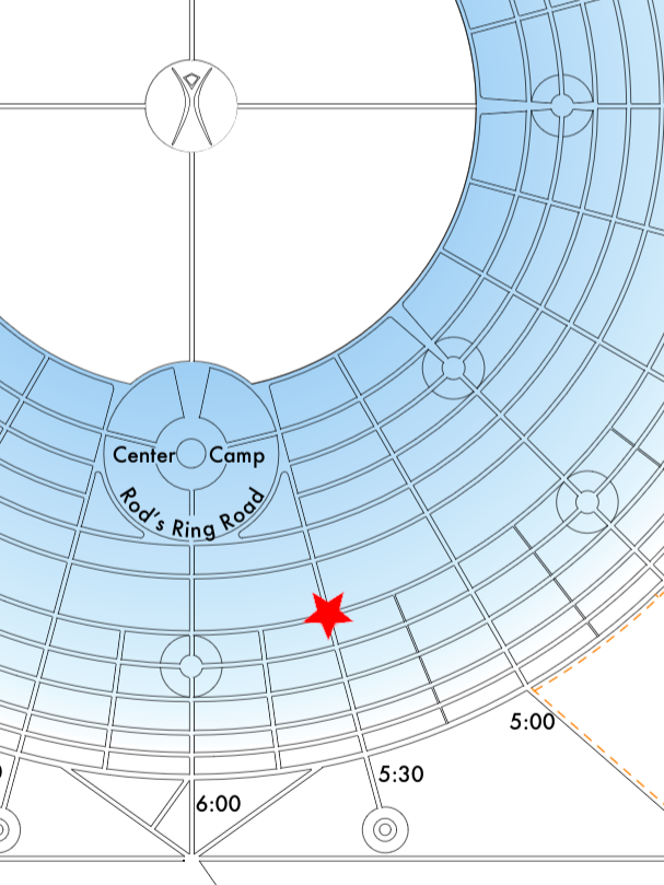 A drawn map of Black Rock City (well the lower, right quadrant anyway) with a star at the intersection of 5:30 and Frogbat where the BRC HOA will be located.