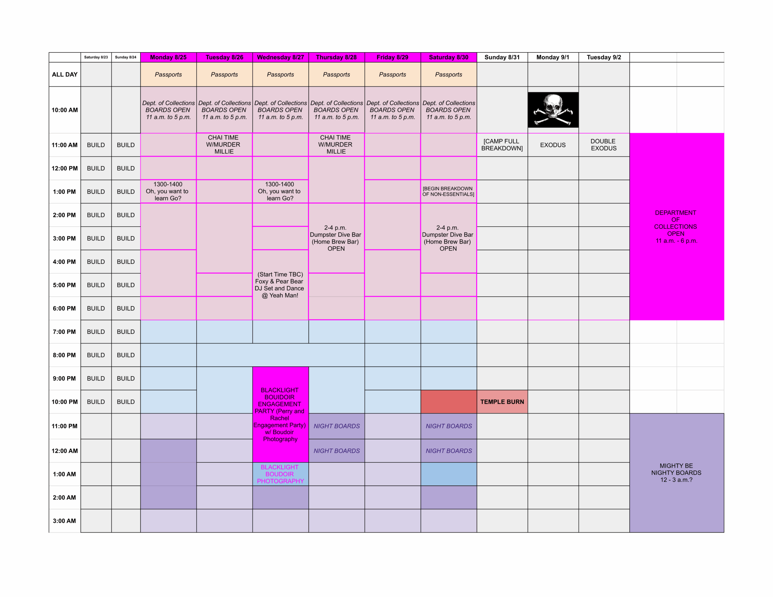 A grid showing our schedule of events for the week of Burning Man